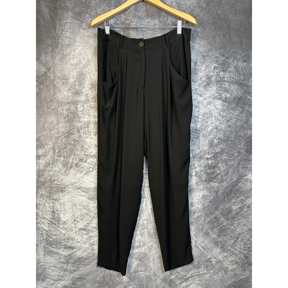 Eileen Fisher 100% Silk Georgette Crepe Pleated Tapered Ankle Pants Black Medium